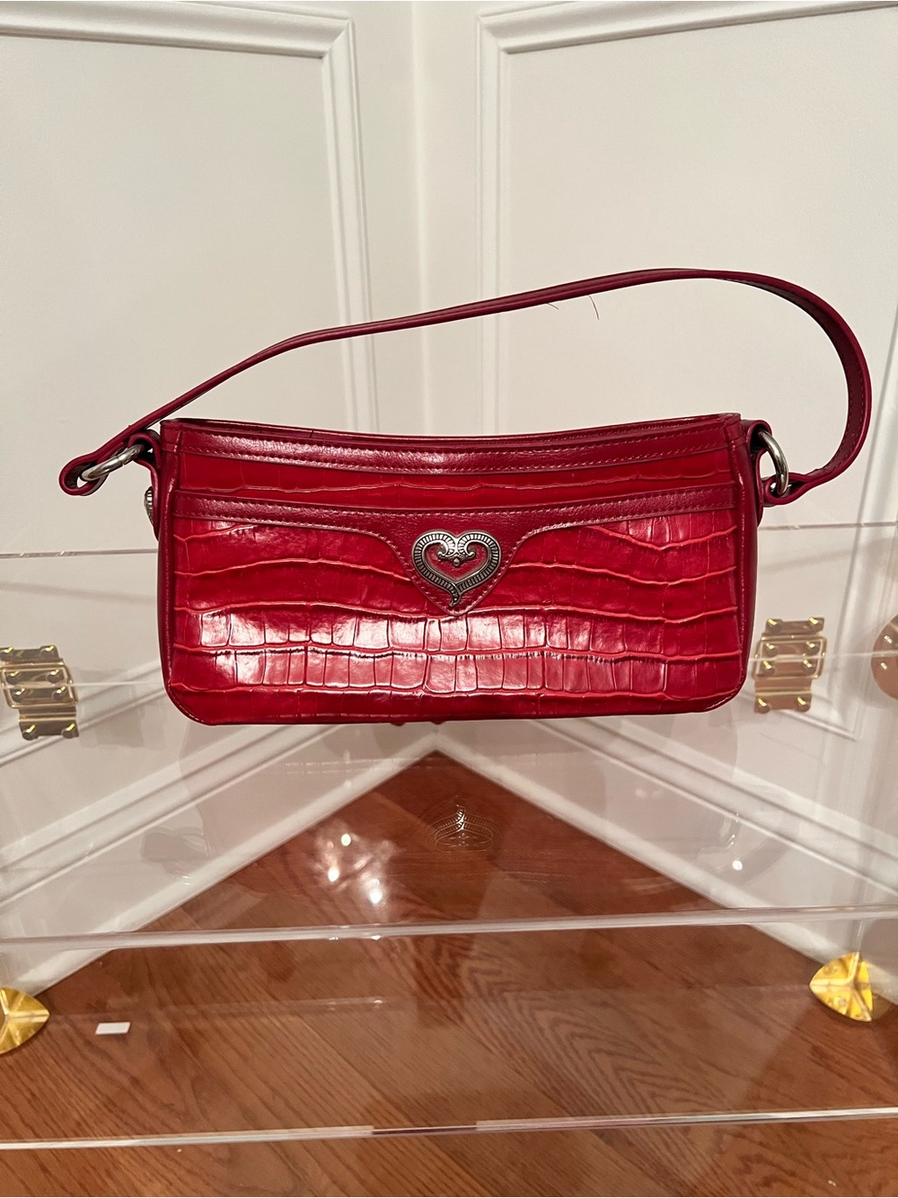 Brighton Red Croc-Embossed Mini Shoulder Bag with Heart Hardware